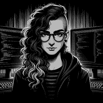 Glo Maldonado, a 1-bit pixel portrait in front of two terminals full of code